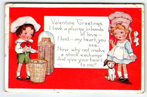 Valentines Postcard Boy Ticker Tape Machine Girl Puppy Dog Whitney 1921 Vintage