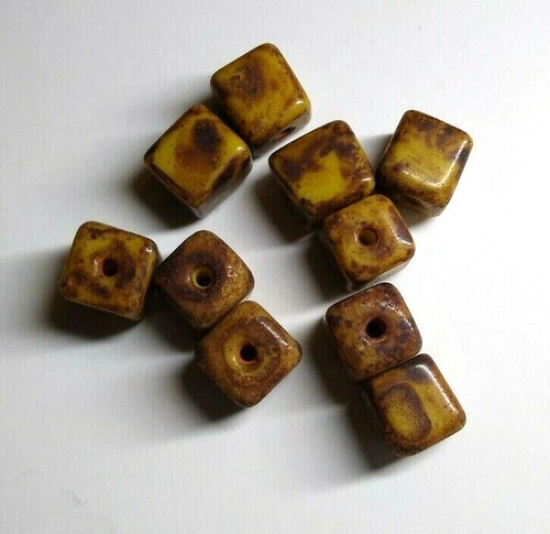 Lot Of 10 Czech 1950s Vintage Picasso Glass Cube Bead Light Brown UNUSED NOS