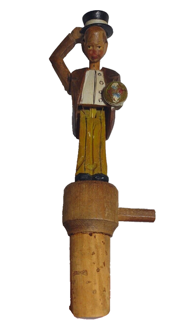 ANRI Mechanical Standing Groom Twist Dial Bottle Stopper Wood Hand Carved Puppet