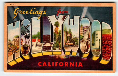 Greetings From Hollywood California Large Letter Linen Postcard Longshaw Unused