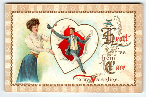 Valentines Day Postcard Man Bursts Out of Heart Vintage Embossed H Wessler 1909