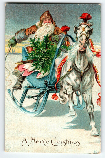 Santa Claus Rides White Horse Sled Christmas Postcard Old World Brown Coat 1907