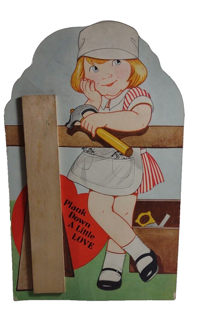 Vintage Girl With Hammer Wood Plank Valentine Stand Up Greeting Card Carrington