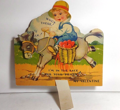 Child Rides Donkey Vintage Mechanical Valentine Die-cut Greeting Card Vintage