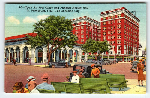 Post Office Princess Martha Hotel St Petersburg Florida Postcard Linen Old Cars