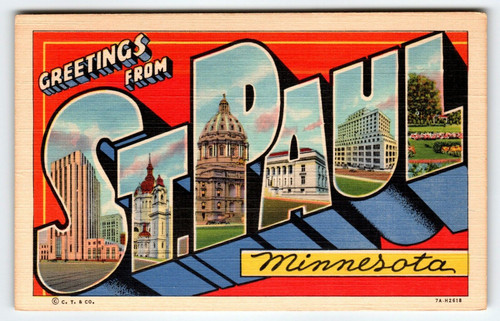 Greetings From St. Paul Minnesota Large Letter Postcard Linen Vintage Curt Teich