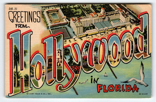 Greetings From Hollywood Florida Large Letter Linen Postcard Curt Teich Beach