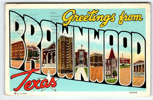 Greetings From Brownwood Texas Large Big Letter Postcard Linen Curt Teich 1942