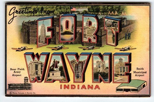 Greetings From Fort Wayne Indiana Postcard Large Big Letter Linen 1947 Tichnor