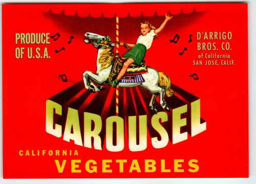 Carousel Girl On Amusement Park Ride California Vegetable Label Original 1940's