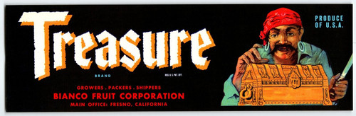 Pirate And Treasure Chest Fresno California Vegetable Crate Label Original 1940s