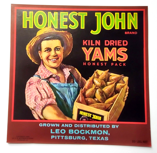 Honest John Kiln Dried Yams Vegetable Label Vintage Original 1940's Pittsburg TX