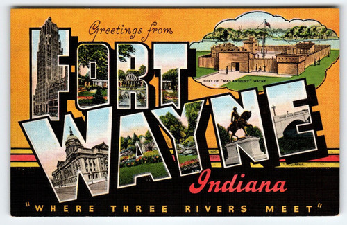 Greetings From Fort Wayne Indiana Postcard Large Big Letter Linen Unposted Kropp