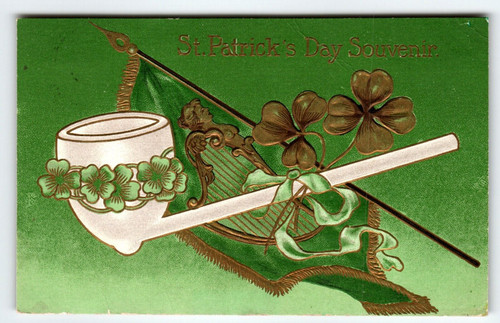 St Patrick's Day Postcard Irish Greeting Pipe Flag Harp Shamrocks Embossed 1909