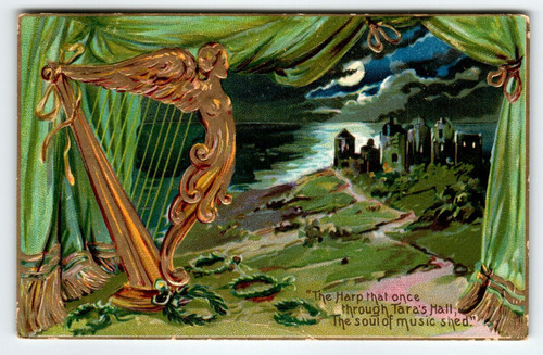 St Patrick's Day Postcard Irish Greeting Tuck Harp Moon Castle Emerald Isle 1911