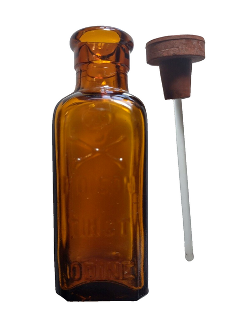 Antique Poison Bottle Amber Glass Dauber Skull Cross Bones TINCT Iodine K Base