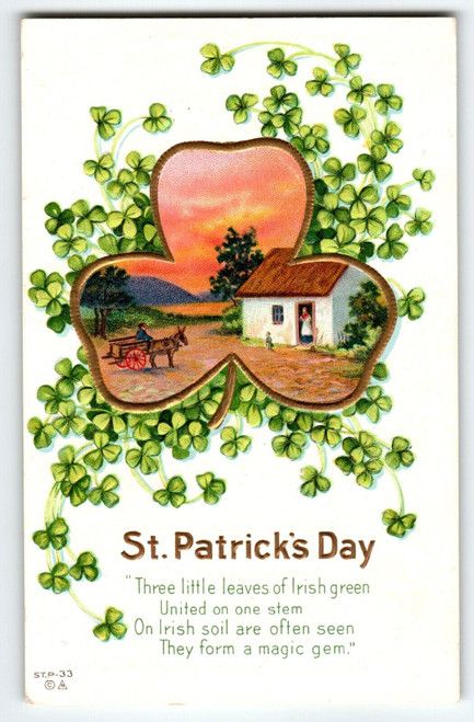 St Patricks Day Postcard Embossed Shamrocks Donkey Cart Nash Irish Green Antique