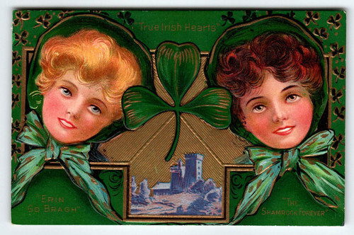 St Patrick's Day Postcard True Irish Hearts Erin Go Bragh Shamrock Forever 1910