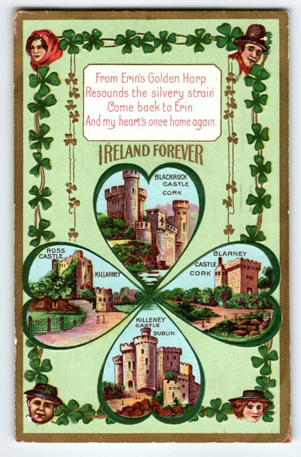 St Patrick's Day Postcard Ireland Forever Castles Shamrocks Cork Killarny Dublin