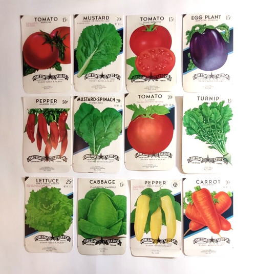 Vintage 1950's Vegetable Seed Packs EMPTY Lot 12 Tomato Egg Plant Pepper Carrot