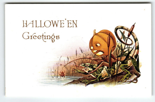 Halloween Postcard Fantasy Goblin Rides Chameleon In Swamp Spider Bait Gibson