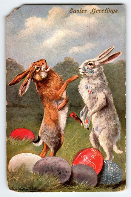 Easter Postcard Standing Rabbits Anthropomorphic Fantasy August Muller Eggs 1908