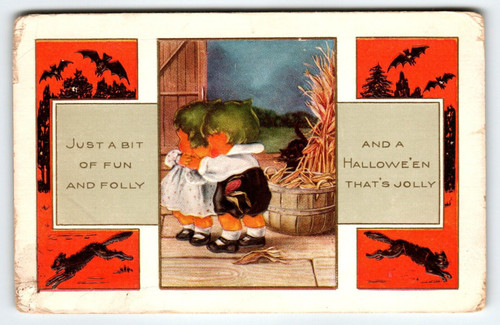 Halloween Postcard Whitney Pixies Green Hair Bats Black Cat Embossed Antique