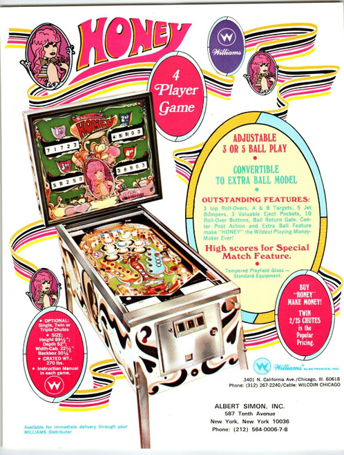 Honey Pinball FLYER 1972 Original Vintage Groovy Mod Game Art Promo 8.5" x 11"