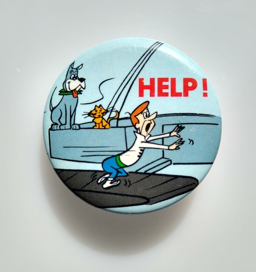 Jetsons Help Treadmill George & Astro Dog Pinback Button Badge 1983 Licensed Pin