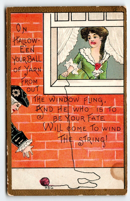 Halloween Postcard Victorian Lady At Window L & E 2262 HBG Original Antique