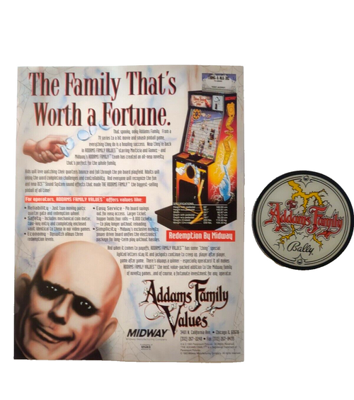 Addams Family Values Arcade FLYER + Plastic Pinball Promo Drink COASTER Original