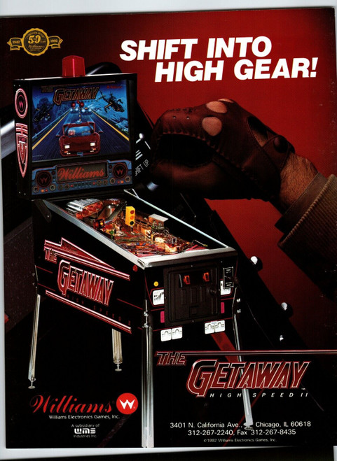 The Getaway High Speed II Pinball Machine Game FLYER Original Art 2 Sides 1992