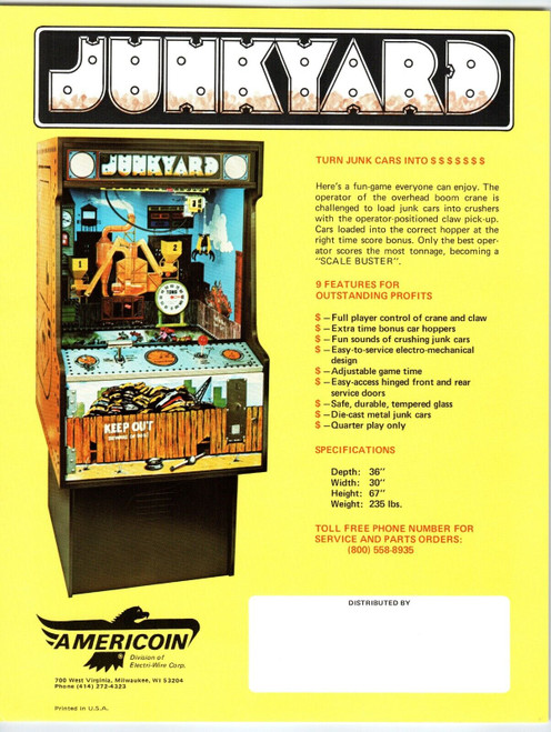 Junkyard Arcade Crane Game Flyer Original 1977 Retro Artwork 8.5" x 11" Vintage