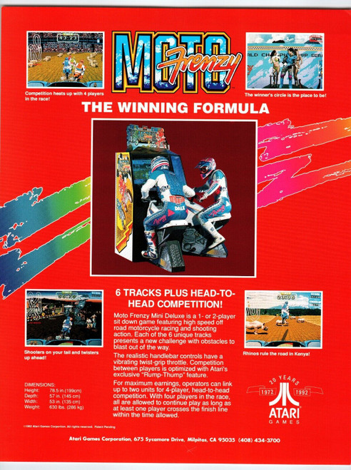 Moto Frenzy Arcade Video Game Flyer Original 1992 Retro 8.5" x 11" Motorcycles