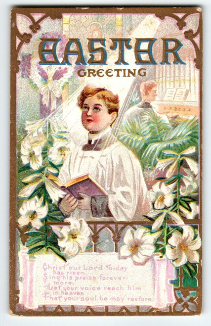 Easter Postcard Choir Boy Church Organ Lily Flowers Religious Embossed Antique