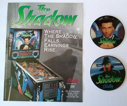 The Shadow Pinball FLYER and 2 Promos Alec Baldwin Plastic Coasters Original NOS