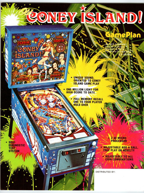Coney Island Pinball Machine FLYER Original 1980 8.5" x 11" Amusement Park Art