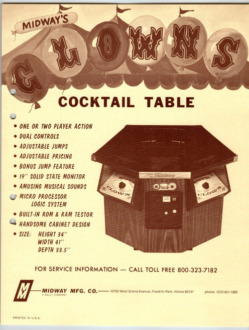 Clowns Video Arcade Game Flyer 1978 Original Retro Art 8.5" x 11" Cocktail Model