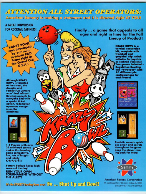 Krazy Bowl Video Arcade Game Flyer Original 8.5" x 11" Retro Bowling Promo