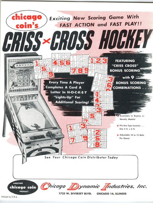 Criss Cross Hockey Vintage Arcade FLYER Original 1958 Retro Game 8.5" x 11"