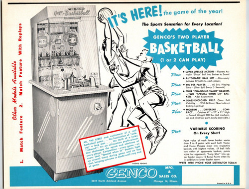 Genco Two Player Basketball Arcade Game FLYER Original Manikin 1954 Coin-Op Art