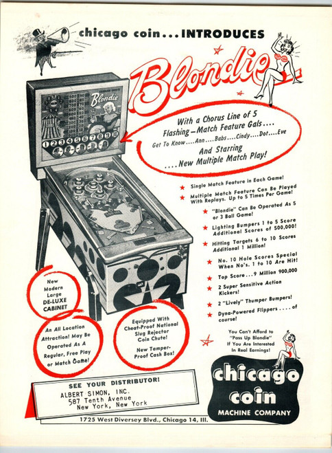 Blondie Pinball Machine FLYER Original 1956 Vintage Coin-Op Amusement Game Art