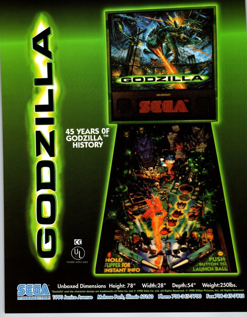 Godzilla Pinball Machine FLYER Original 8.5" x 11 Art 1998 Horror Monster Movies