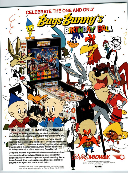 Bugs Bunny Birthday Ball Pinball Machine FLYER Original 8.5" x 11" Artwork 1990