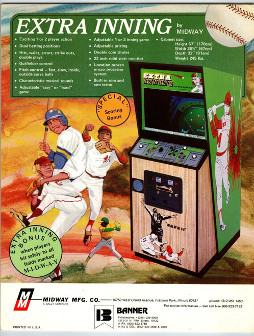 Extra Inning Baseball Video Arcade Game Flyer 1978 Original Retro Art 8.5" x 11"