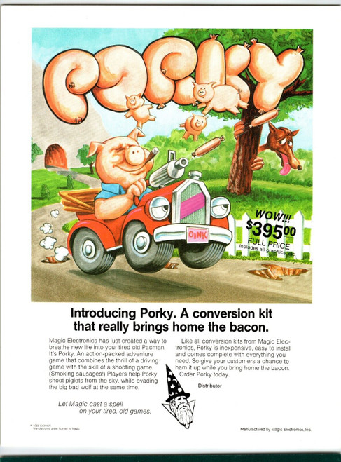 Porky Arcade FLYER Original Magic Electronics 1985 Retro Video Game Pig Driving