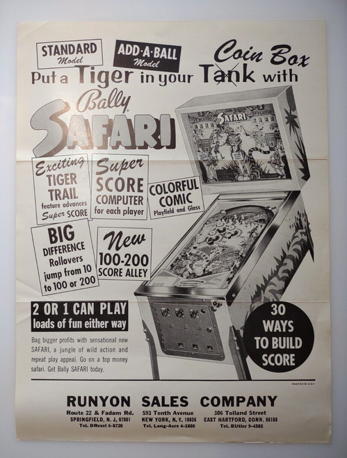 Safari Pinball Machine FLYER Original 1968 Vintage Coin-Op Amusement Game Art