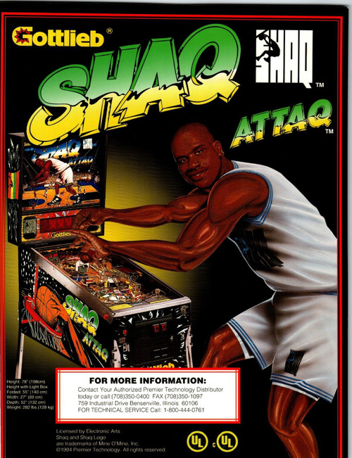 Shaq Attaq Pinball FLYER 1994 Original Game Basketball Artwork Shaquille O'Neal