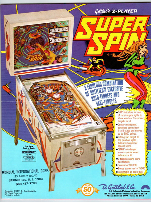 Super Spin Pinball Machine FLYER Original 1977 Vintage Retro Game Art 8.5" x 11