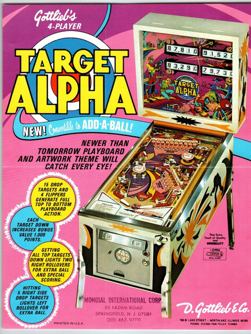 Target Alpha Pinball Machine FLYER Original 1976 Vintage Retro Game 8.5" x 11"